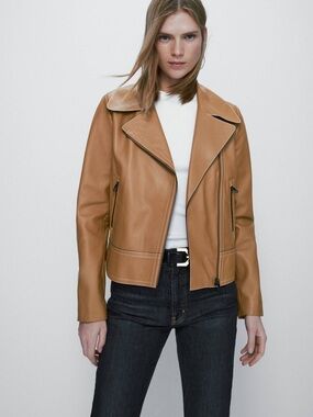 Massimo Dutti Camel Leather Moto Jacket